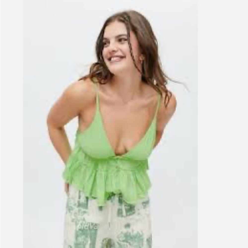 Sim & Sam V-neck Plunge Shoulder Tie Ruffle Crop Cotton Cami Babydoll Tank